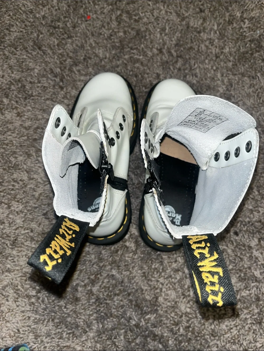Dr. Martens White 8-Eye Lace-Up Combat Boots with Yellow Stitching